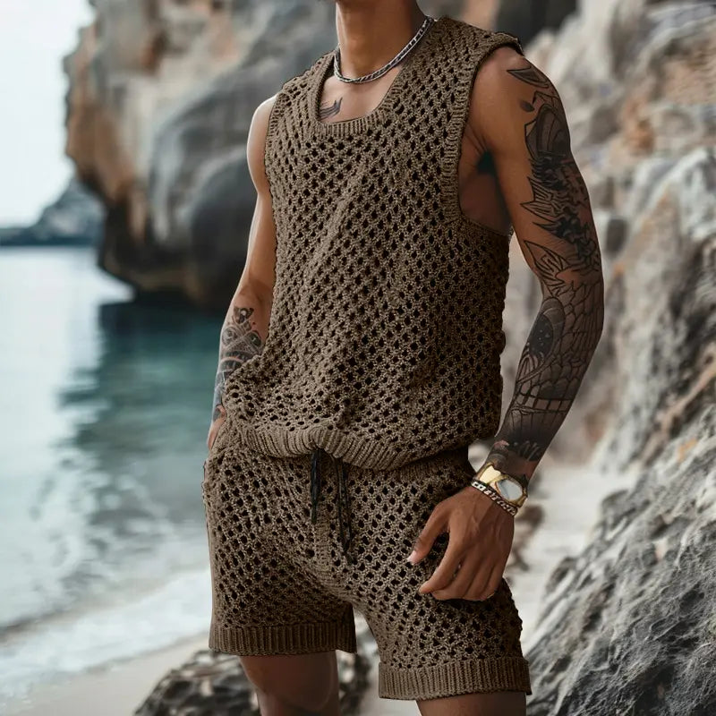 Men knit short sleeve shirt and shorts set featuring a brown knitted sleeveless top with a mesh pattern and ribbed hem.