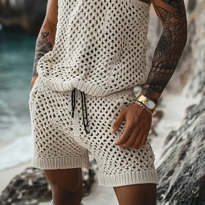 cream-colored knitted mesh shorts with a drawstring waistband from the men knit short sleeve shirt and shorts set
