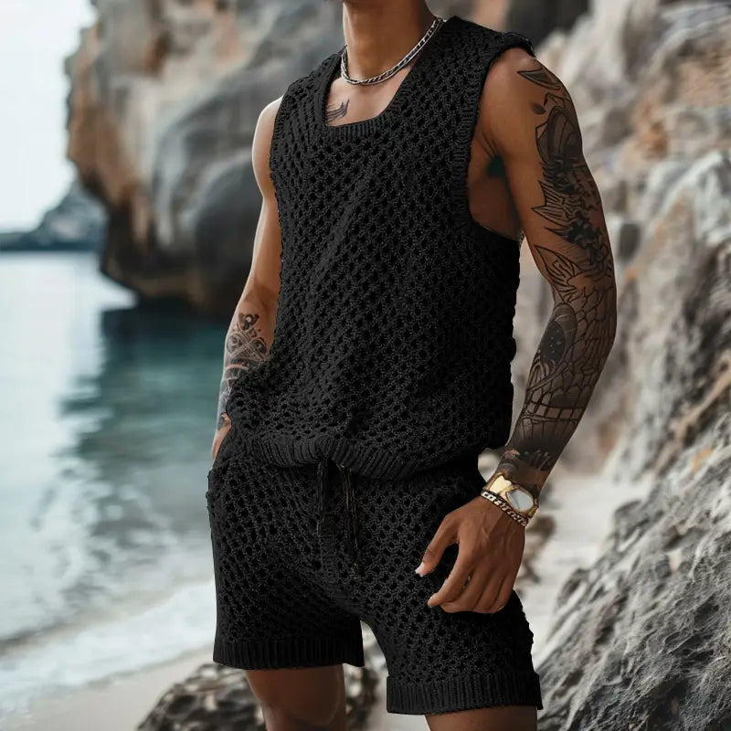 Black knitted sleeveless top with a textured openwork pattern as part of a men knit short sleeve shirt and shorts set.