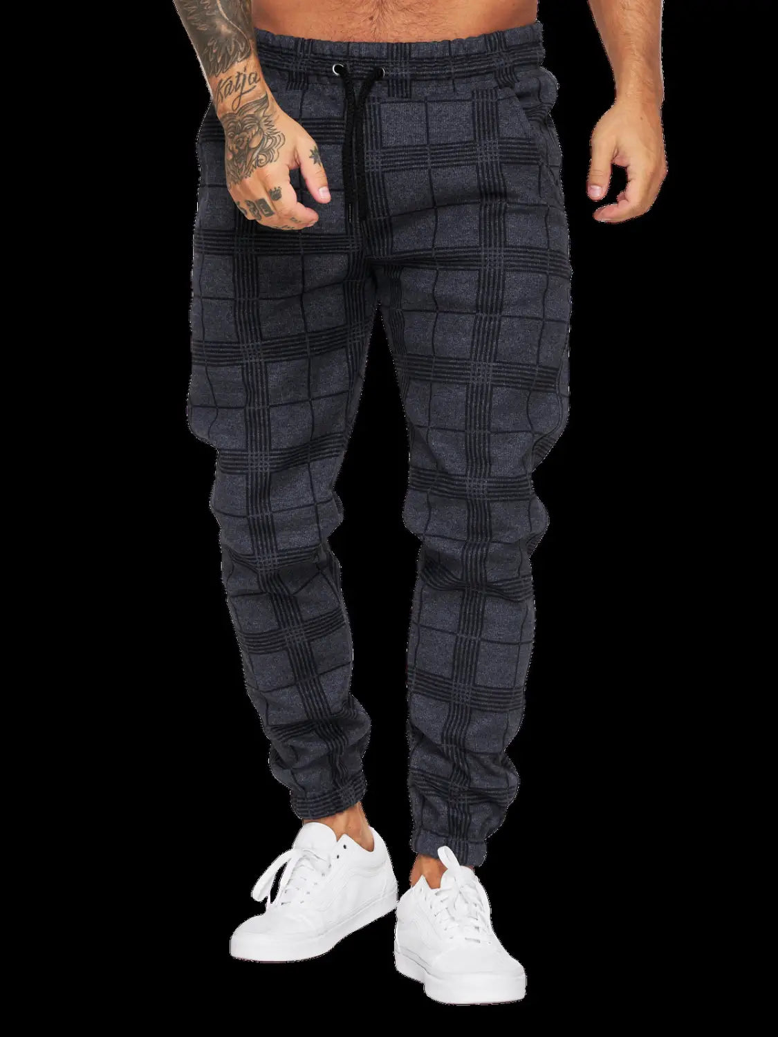 Dark gray checkered plaid jogger pants for men with a drawstring waist and elastic cuffs.