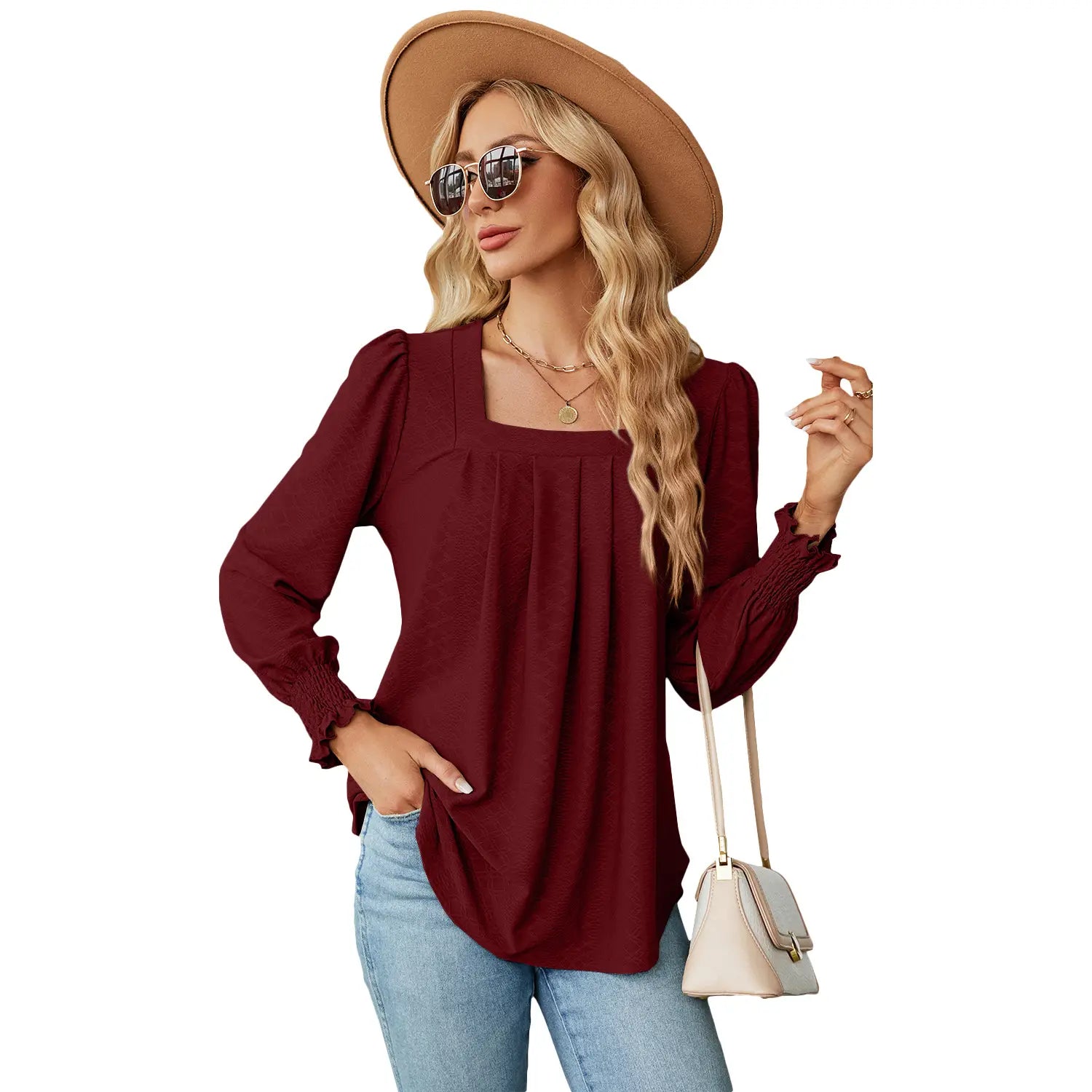A maroon jacquard long-sleeved blouse for women featuring a square neckline and pleated swallowtail design with ruffled cuffs.