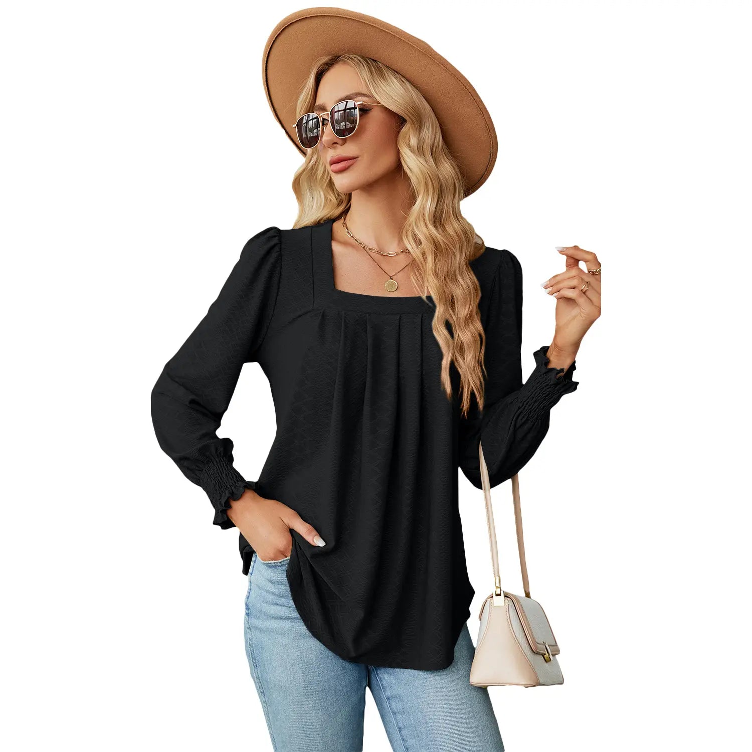 black women’s jacquard blouse with long sleeves ruffled cuffs and square neckline featuring pleated swallowtail design
