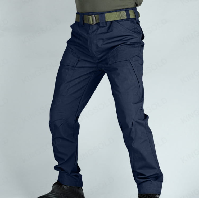 Dark navy tactical cargo pants with multiple pockets paired with a matching olive green belt designed as waterproof work trousers.