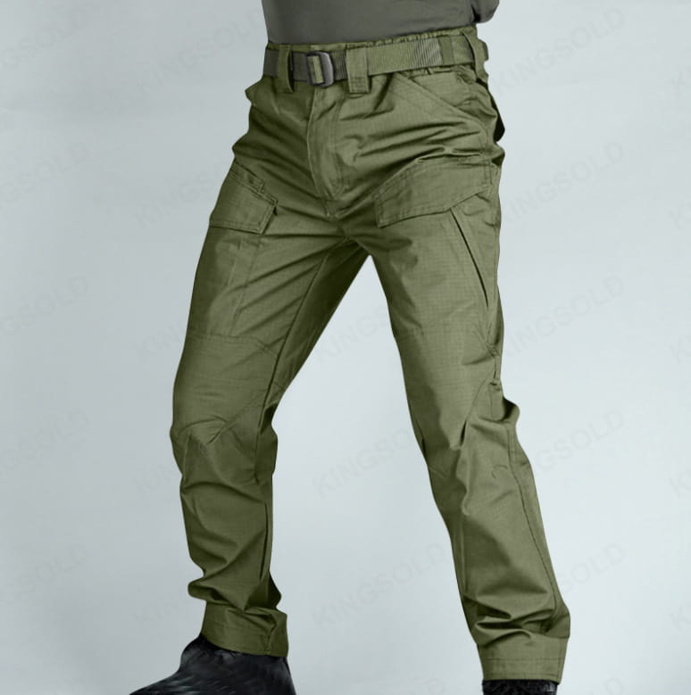 olive green tactical cargo pants with multiple pockets and durable waterproof fabric finish for work trousers.