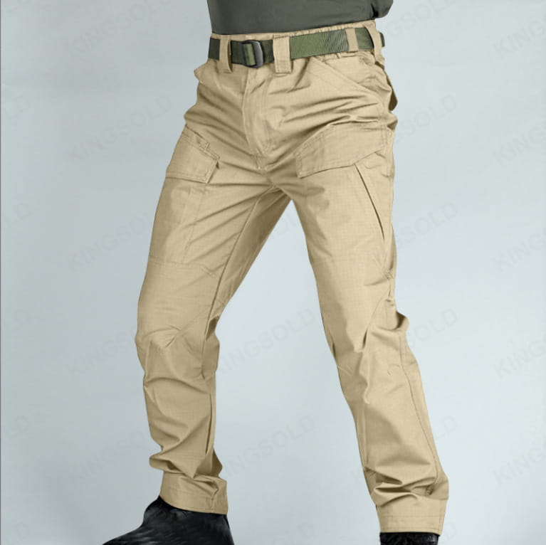 Tan tactical cargo pants made from waterproof material featuring multiple cargo pockets and a green belt for work use.