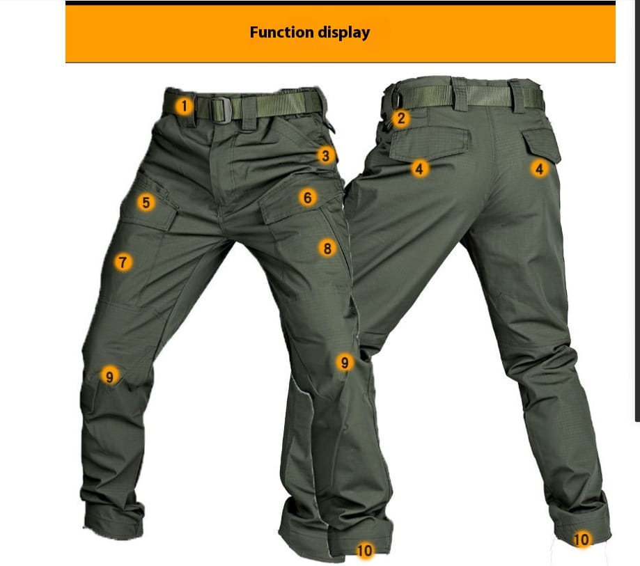 Dark olive green tactical cargo pants made of durable waterproof fabric featuring multiple pockets for work and outdoor use.