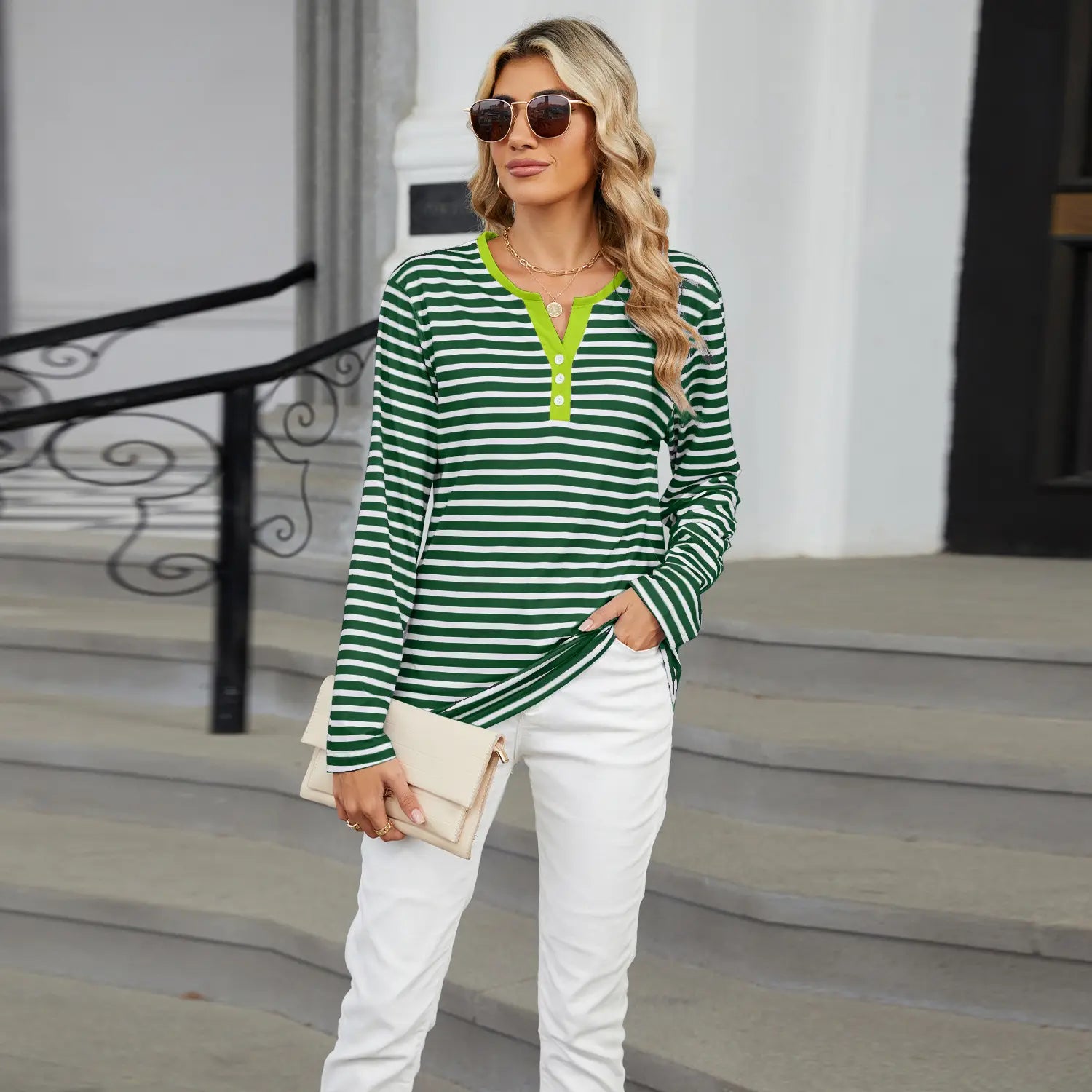 Green and white striped long-sleeve henley t shirt with a bright lime green collar featuring a v neck design.