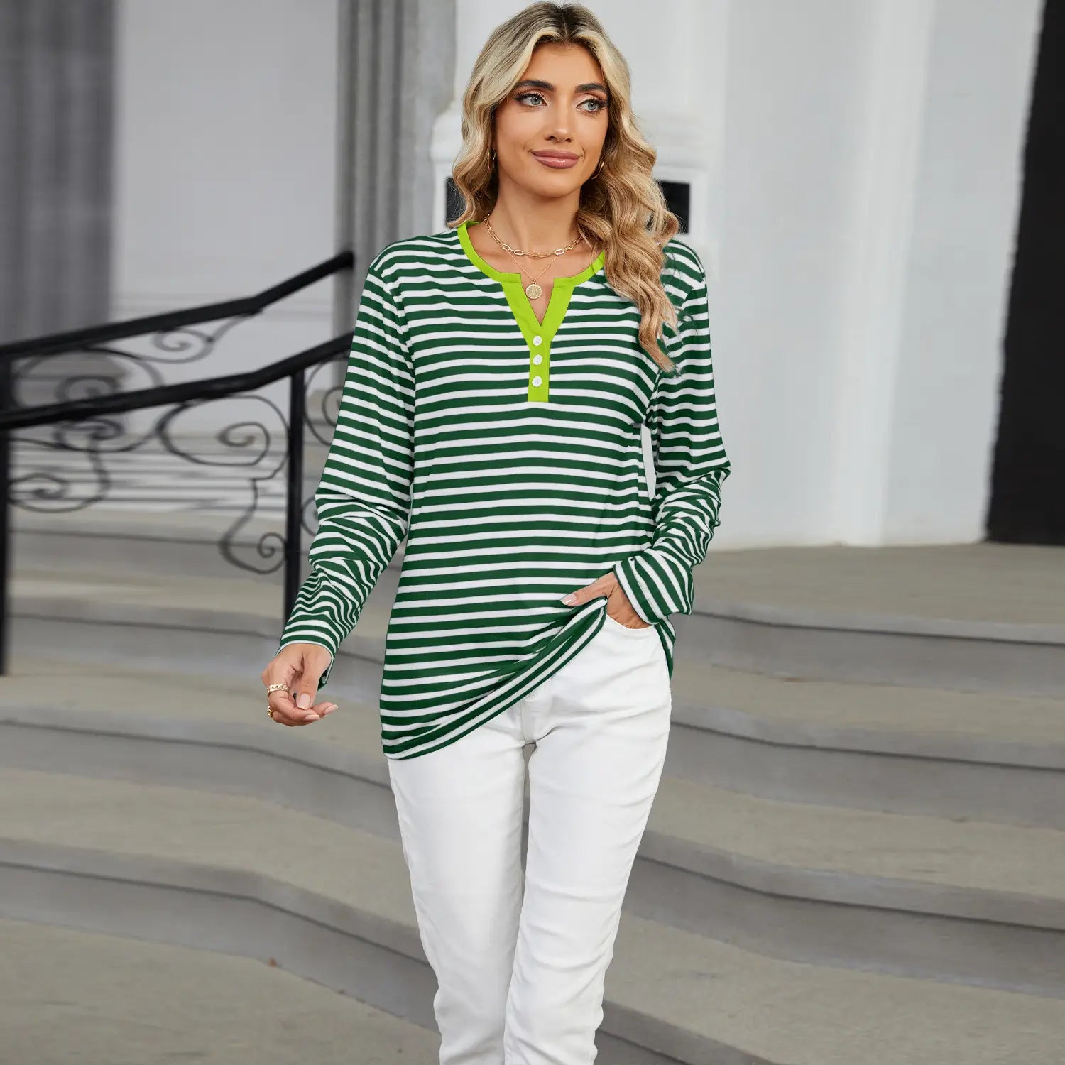 Striped contrast henley long sleeve v neck t shirt featuring green and white stripes with a neon green collar and button placket.