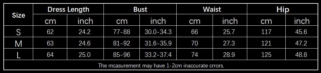 A detailed size chart for the women’s strapless a line mini dress with fitted bodice displaying measurements in centimeters and inches for sizes small medium and large.