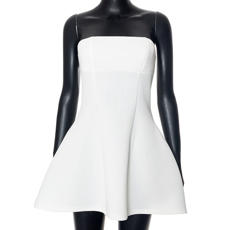 White strapless a line mini dress for women with a fitted bodice and flared skirt.