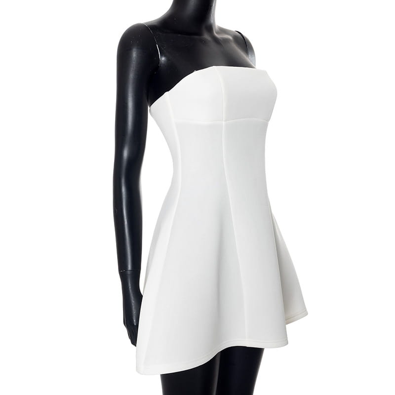 White strapless a line mini dress for women featuring a fitted bodice and flared skirt.