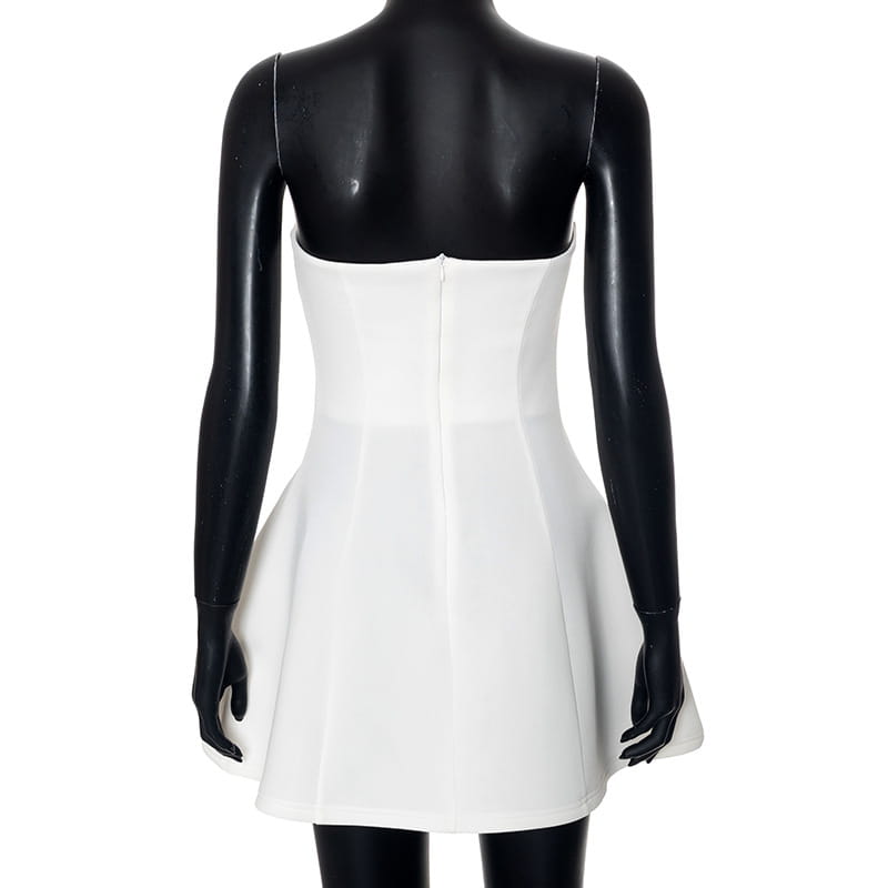 White strapless a line mini dress with a fitted bodice and flared skirt designed for women.