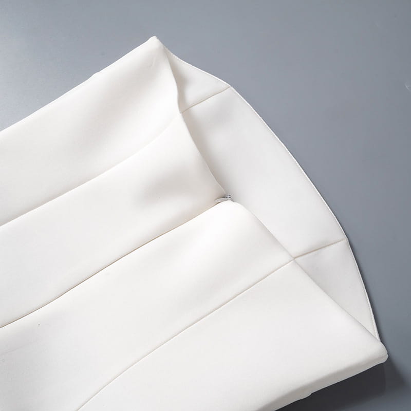 women’s strapless a line mini dress with fitted bodice in white quilted fabric featuring clean precise stitching and a subtle sheen
