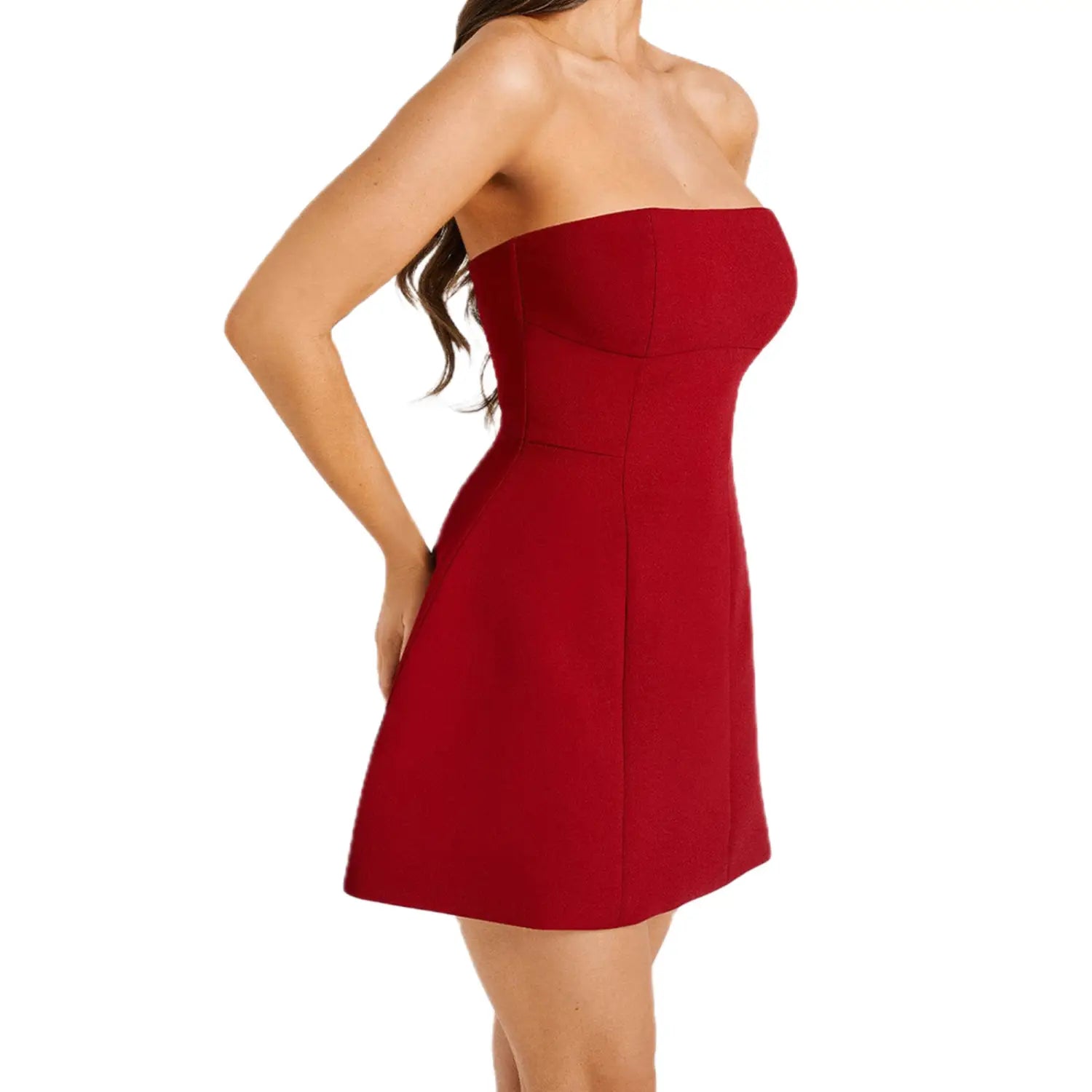 A vibrant red women’s strapless a line mini dress with a fitted bodice and flared skirt.