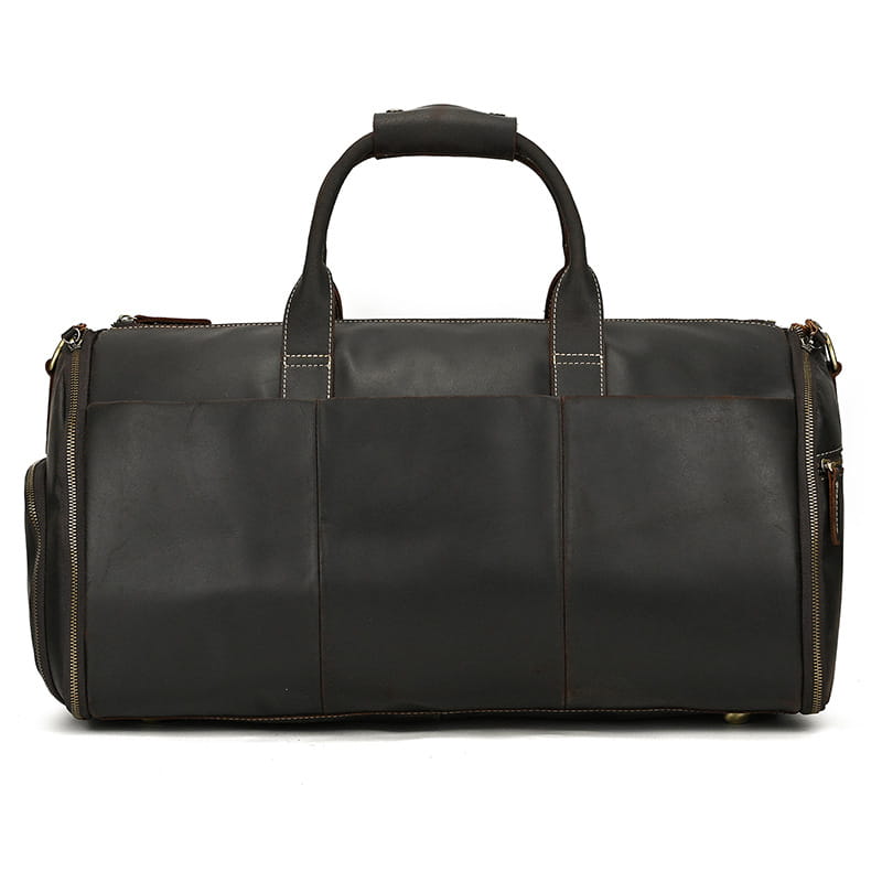 Black leather duffle bag with sturdy handles and gold-toned zippers designed as a vintage large folding travel bag.
