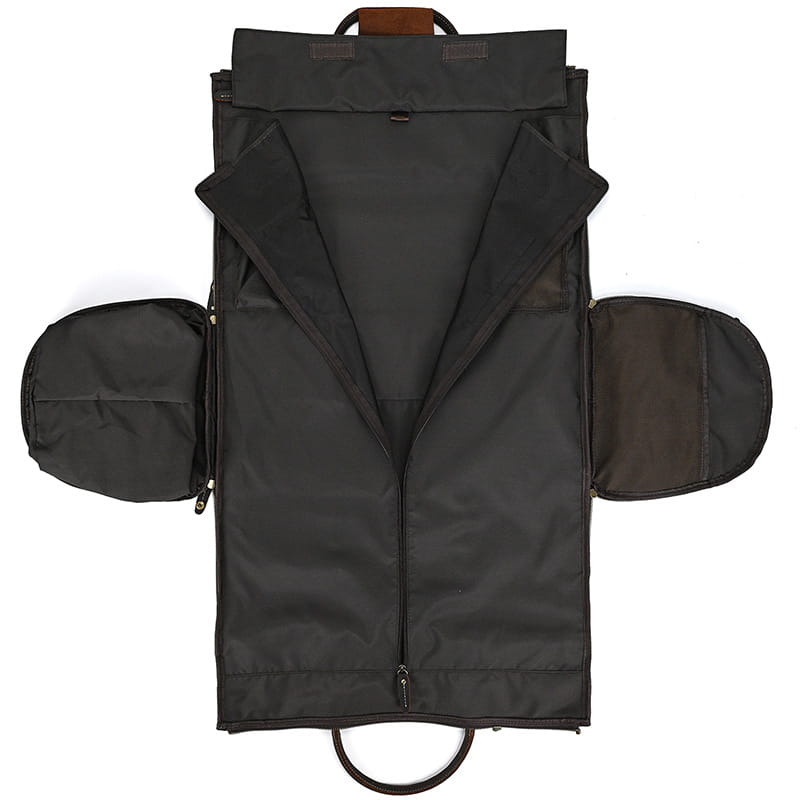 Black nylon garment bag with structured coat-like design and brown leather handles for leather duffle bag vintage large folding travel bag.
