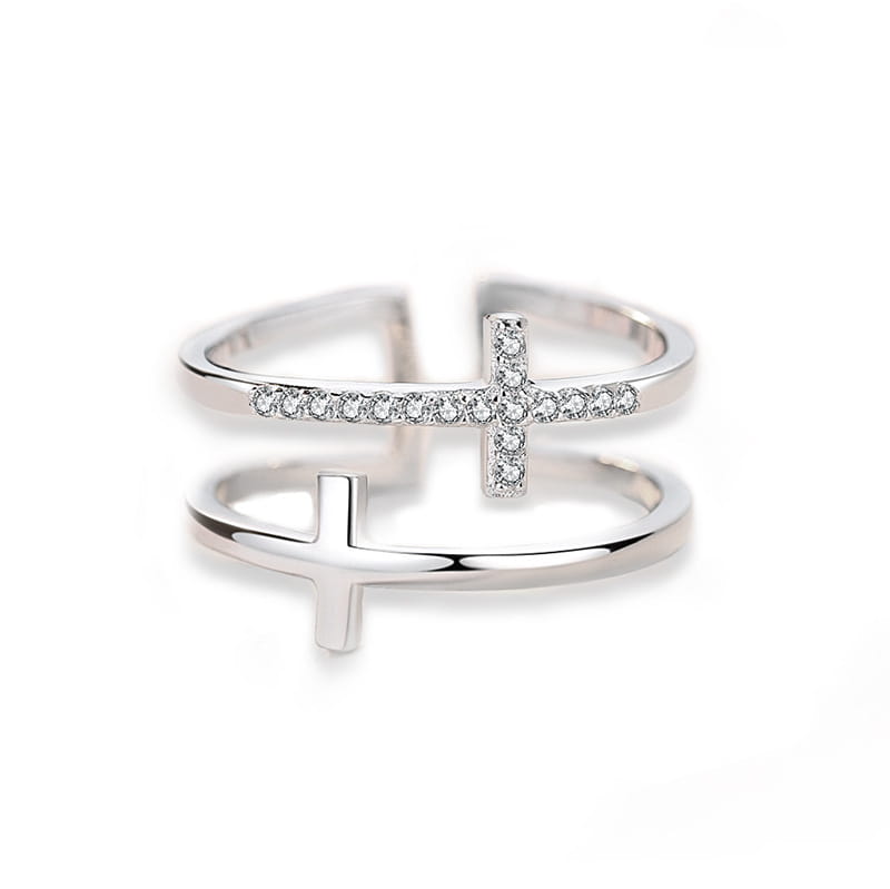 Adjustable double cross zircon inlaid silver ring featuring a silver cross design with pave diamonds and an adjustable band.