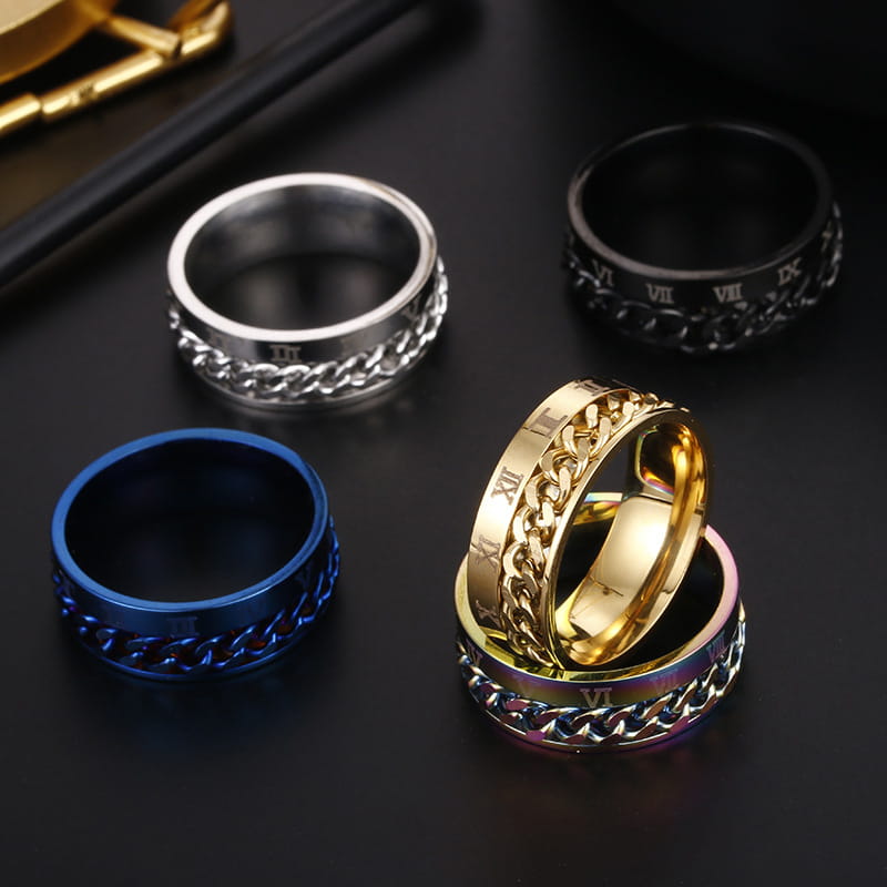 gold-colored spinner chain ring with roman numerals engraved along its outer edge and a functional bottle opener design