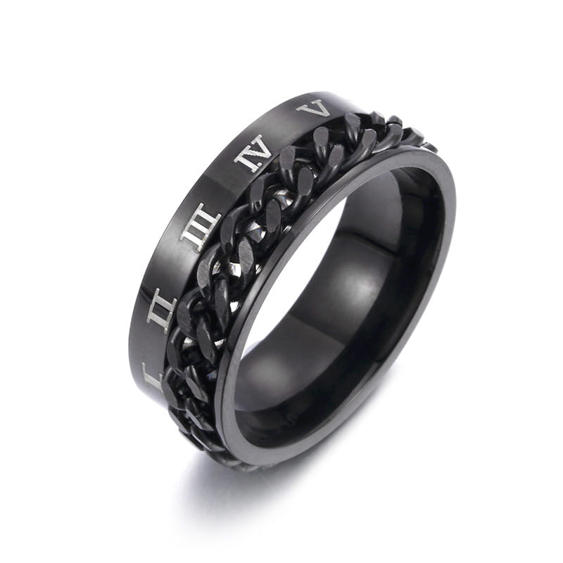 Black titanium steel spinner ring featuring engraved roman numerals and a textured chain design with an integrated bottle opener.