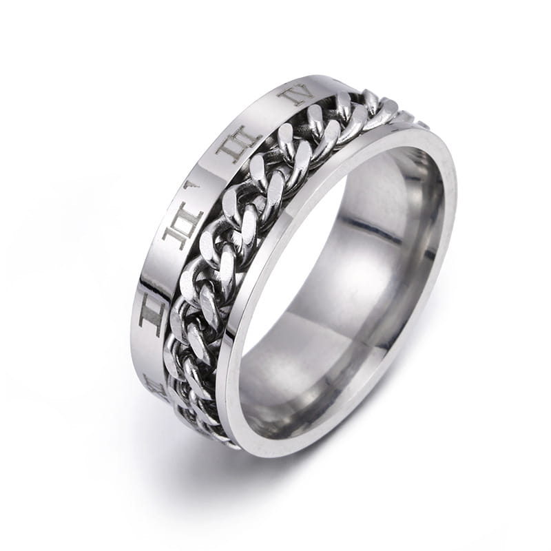 Silver stainless steel spinner ring with a textured chain design and engraved roman numerals featuring a built-in bottle opener.