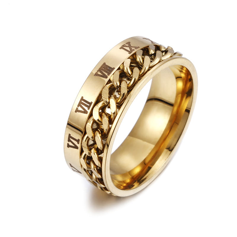 Gold-toned stainless steel roman numeral spinner chain ring with textured design and integrated bottle opener.
