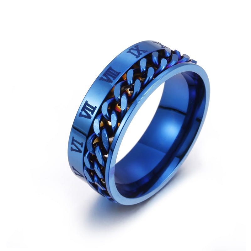 Blue stainless steel roman numeral spinner ring with a gold-toned chain design featured in the roman numeral spinner chain ring with bottle opener product.