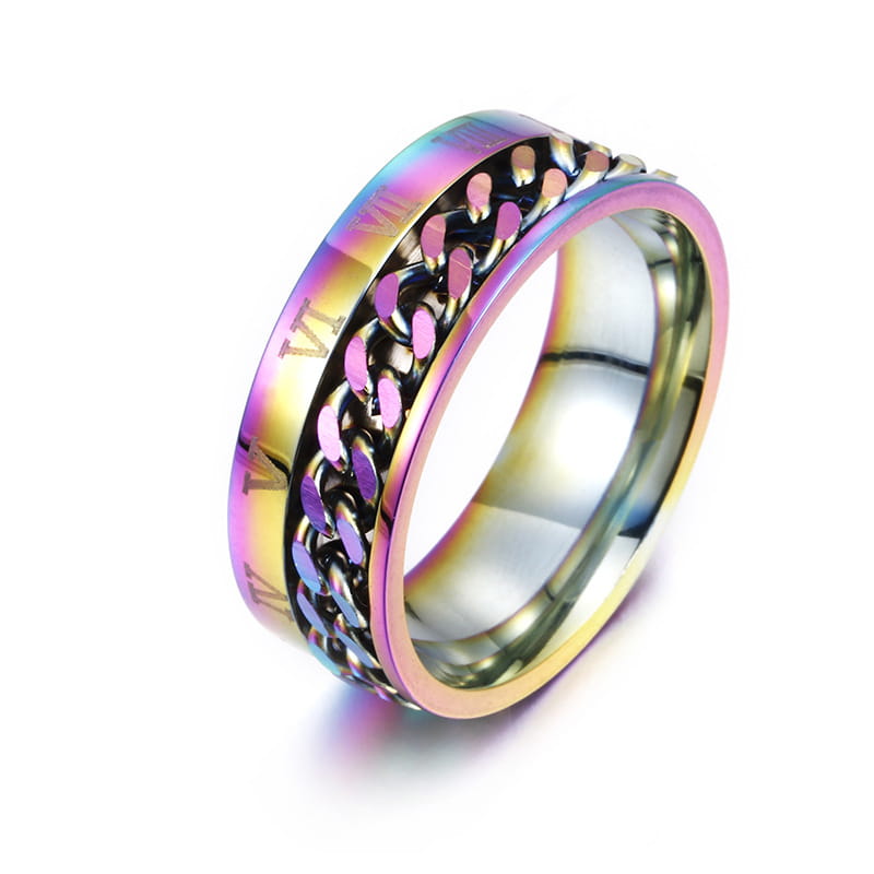 A sleek iridescent stainless steel roman numeral spinner chain ring featuring a central chain design and a built-in bottle opener.
