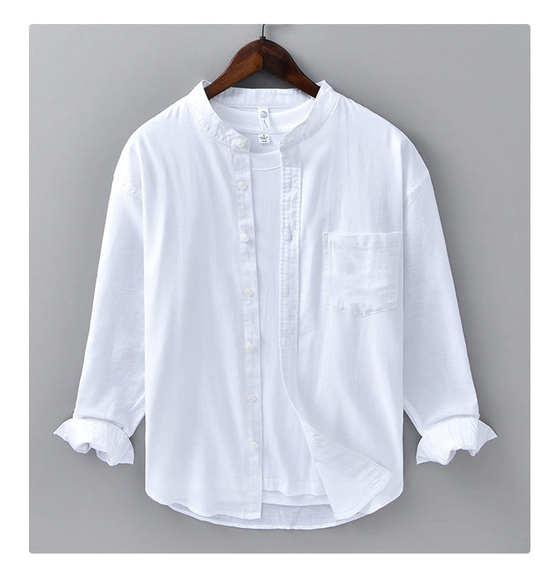 White Chinese style linen mandarin collar shirt for men with long sleeves and ruffled cuffs.