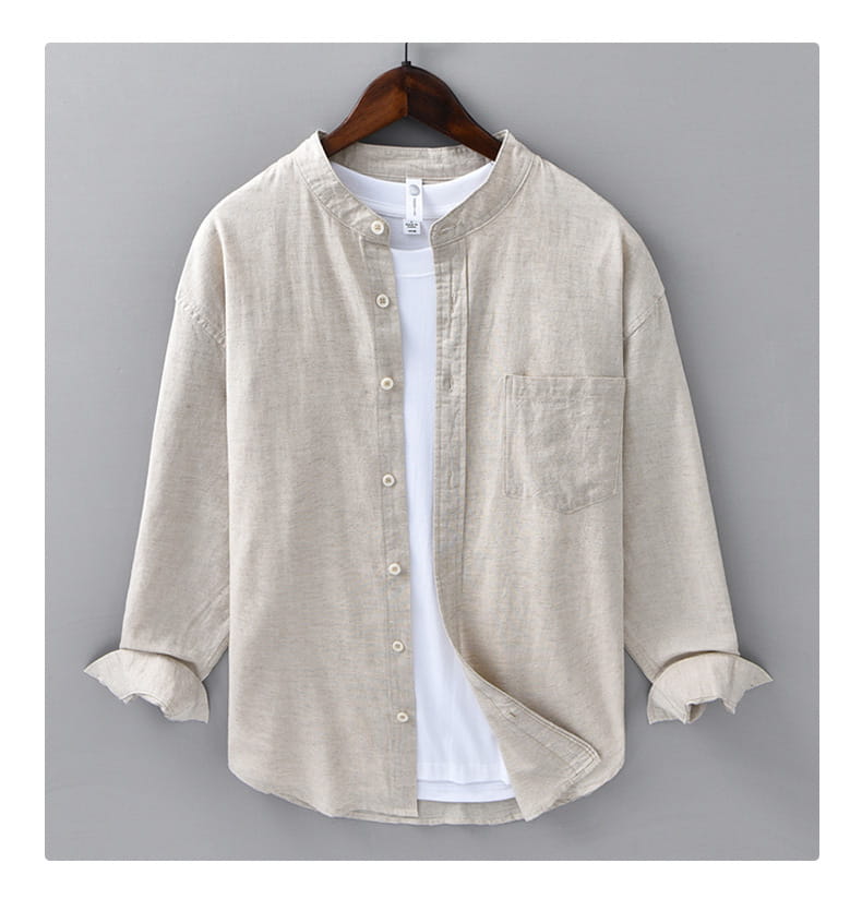 Beige linen button-up shirt for men with a mandarin collar and rolled cuffs in Chinese style design.