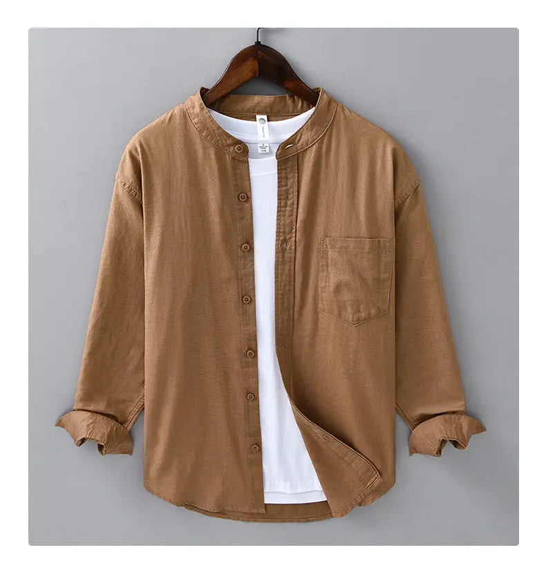 tan linen button-up shirt for men with a mandarin collar and rolled cuffs in a chinese style design