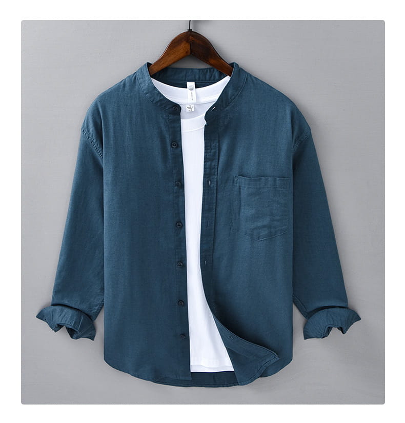 dark teal linen button-up Chinese style mandarin collar shirt for men with rolled cuffs