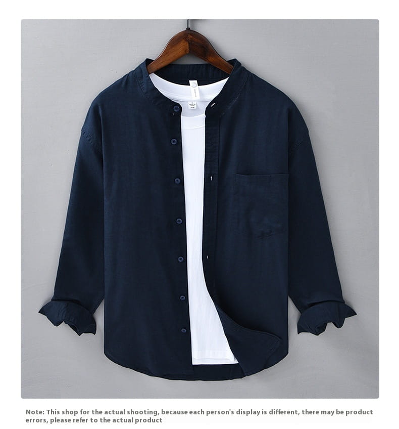 dark navy blue chinese style linen mandarin collar shirt for men featuring long sleeves button-up front and ruffled cuffs.