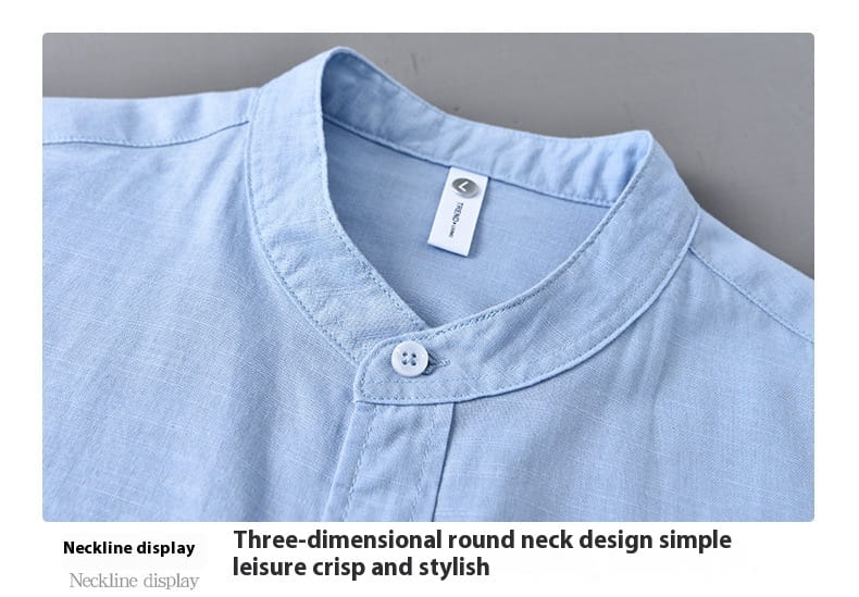 Light blue Chinese style linen mandarin collar shirt for men with a three-dimensional round neck and single button closure.