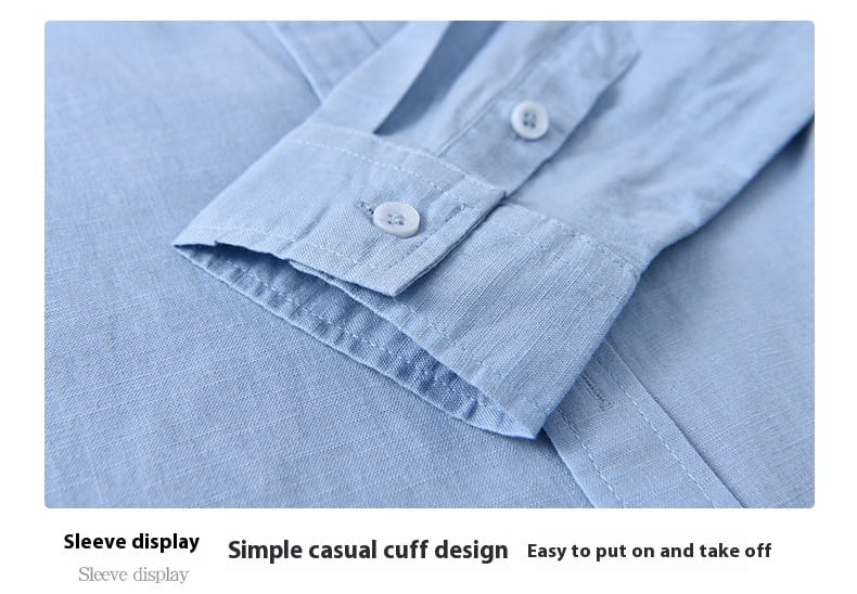 Light blue cotton Chinese style linen mandarin collar shirt for men with a simple casual cuff design.