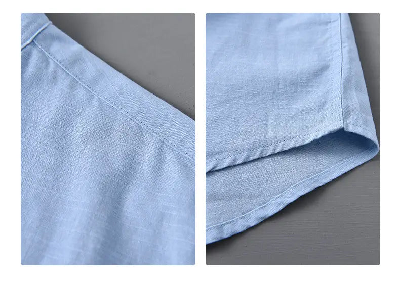 Light blue linen mandarin collar shirt for men featuring neatly stitched seams and a subtle textured weave in a Chinese style design.