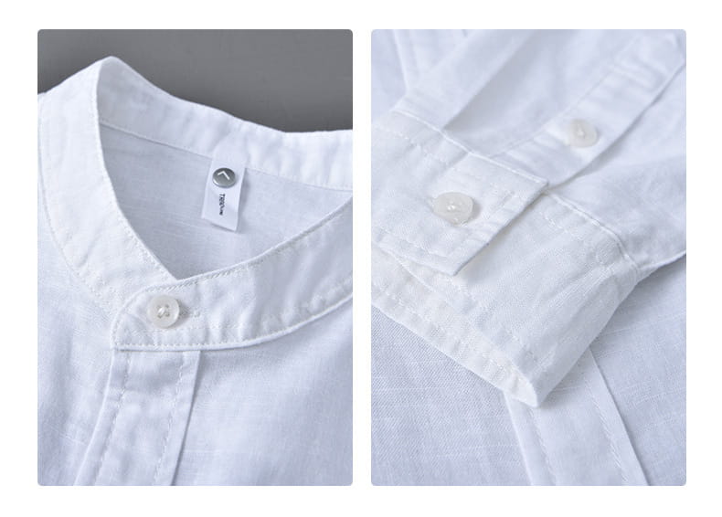 white linen mandarin collar shirt for men with a clean minimalist design and subtle texture in chinese style
