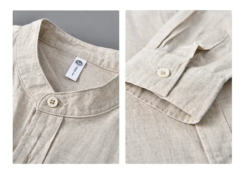 Beige linen Chinese style mandarin collar shirt for men featuring matching buttoned cuffs.