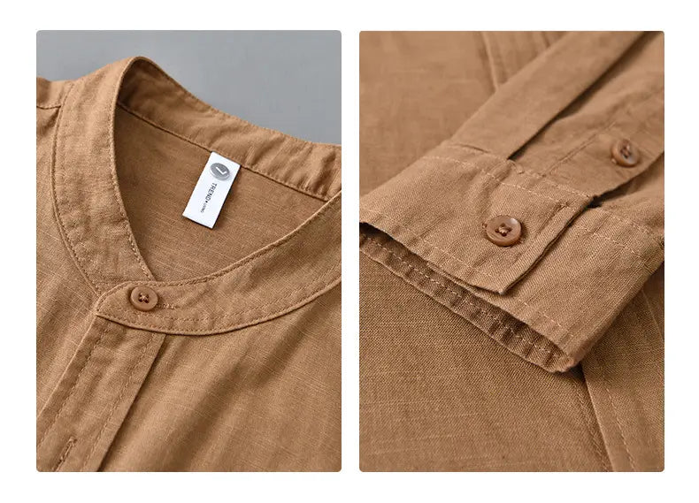 Tan linen Chinese style men shirt with a mandarin collar and matching wooden buttons.