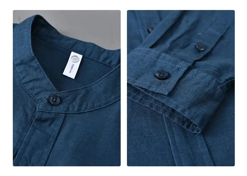Dark blue linen mandarin collar shirt for men with black buttons in Chinese style.