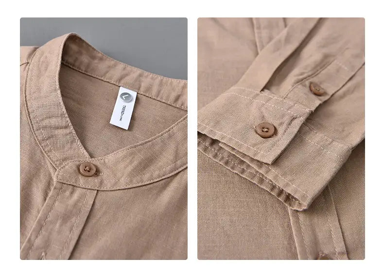 Beige linen Chinese style mandarin collar shirt for men with matching brown buttons.