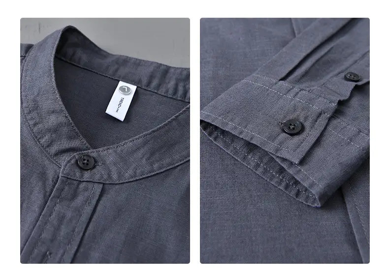 dark gray linen shirt with mandarin collar and black buttons from the chinese style linen mandarin collar shirt men collection