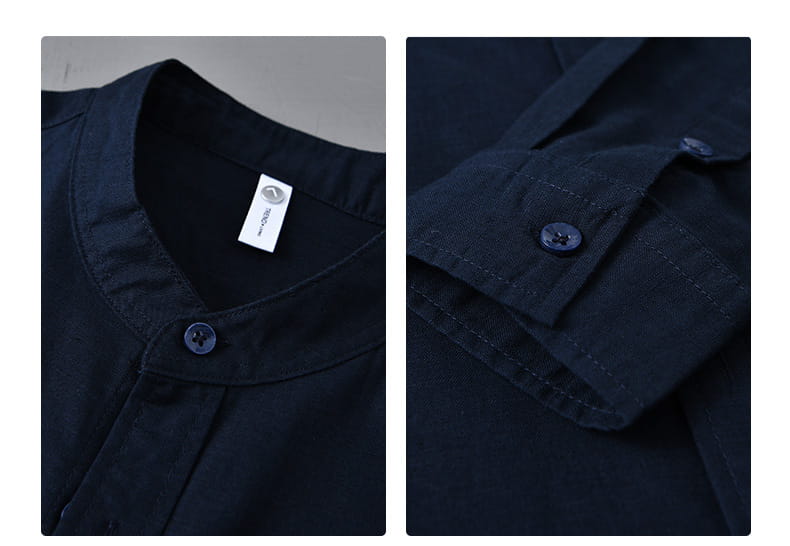 black cotton button-up shirt with navy blue buttons and a simple collar designed in chinese style with a linen mandarin collar for men