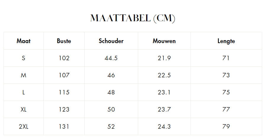 size chart in dutch for men ribbed matching short set showing measurements for bust shoulder sleeve and length across sizes s to 2xl.