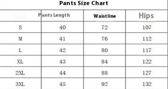 Pants size chart displaying measurements for sizes S through 3XL for men ribbed matching short set.