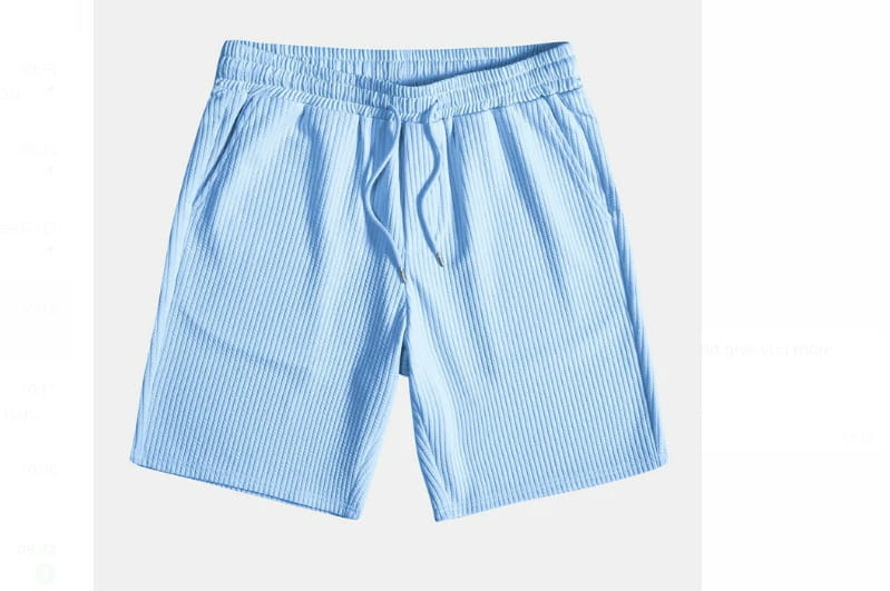 Light blue men ribbed matching shorts with vertical stripes and an elastic waistband featuring a drawstring.