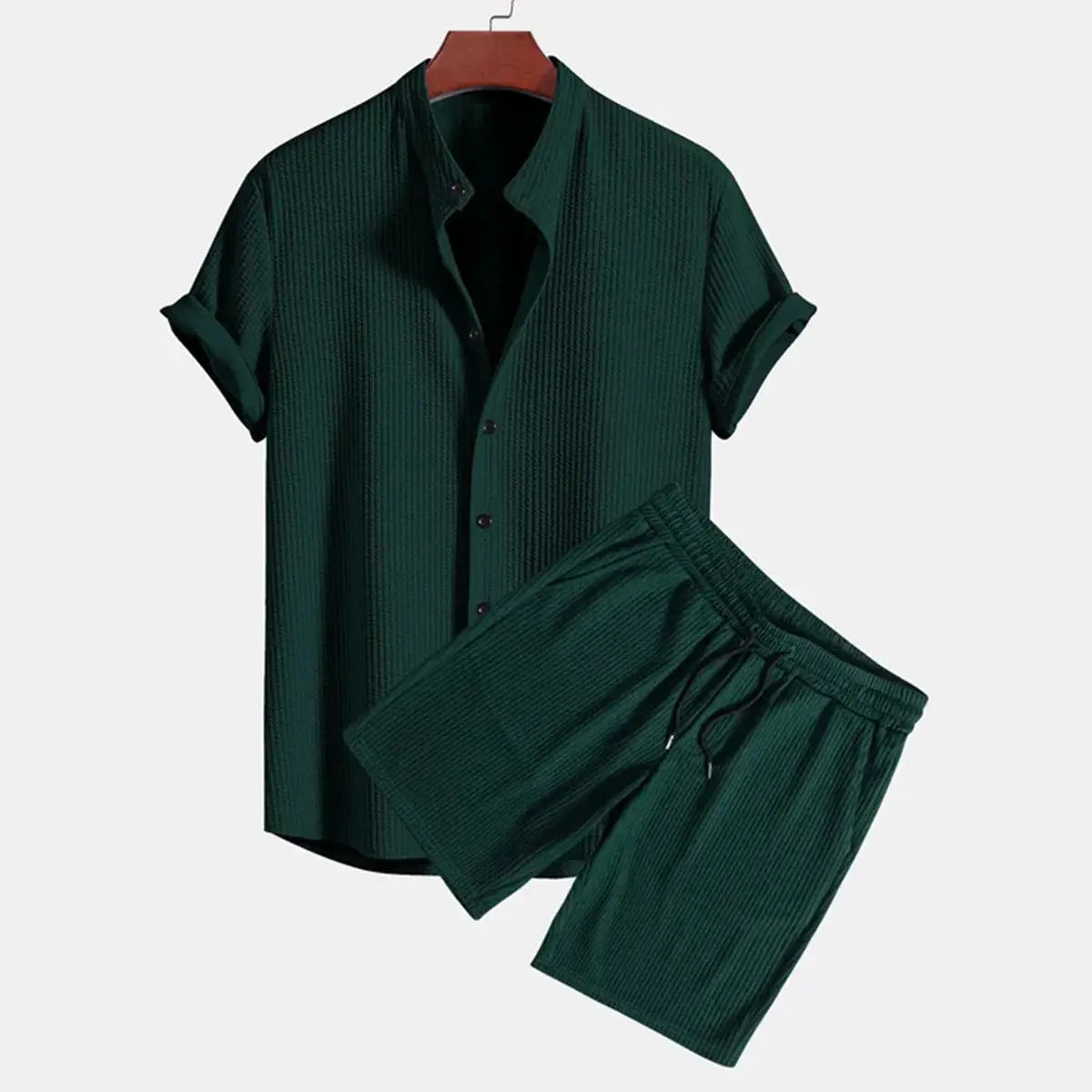 Men ribbed matching short set featuring a dark green ribbed cotton short-sleeve button-up shirt and matching shorts.