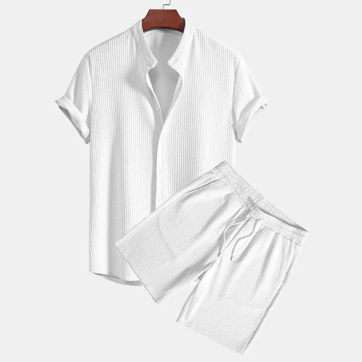 Men ribbed matching short set featuring a white short-sleeved button-up shirt with vertical ribbed texture paired with matching white drawstring shorts.