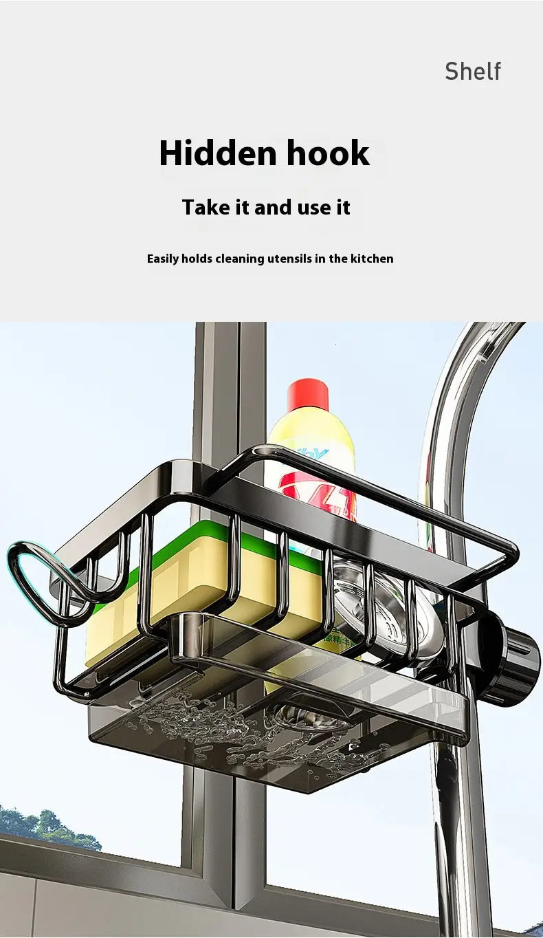 Support de rangement pour robinetterie de cuisine en acier inoxydable avec crochets dissimulés et un design moderne élégant, destiné à organiser les ustensiles de nettoyage dans la cuisine.