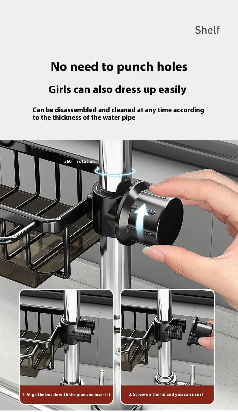 Support de tablette de cuisine réglable en plastique noir et en métal, avec rotation à 360 degrés, pour un montage aisé sur des tuyaux dans un support de rangement pour robinetterie de cuisine et un organisateur d’évier en aluminium.