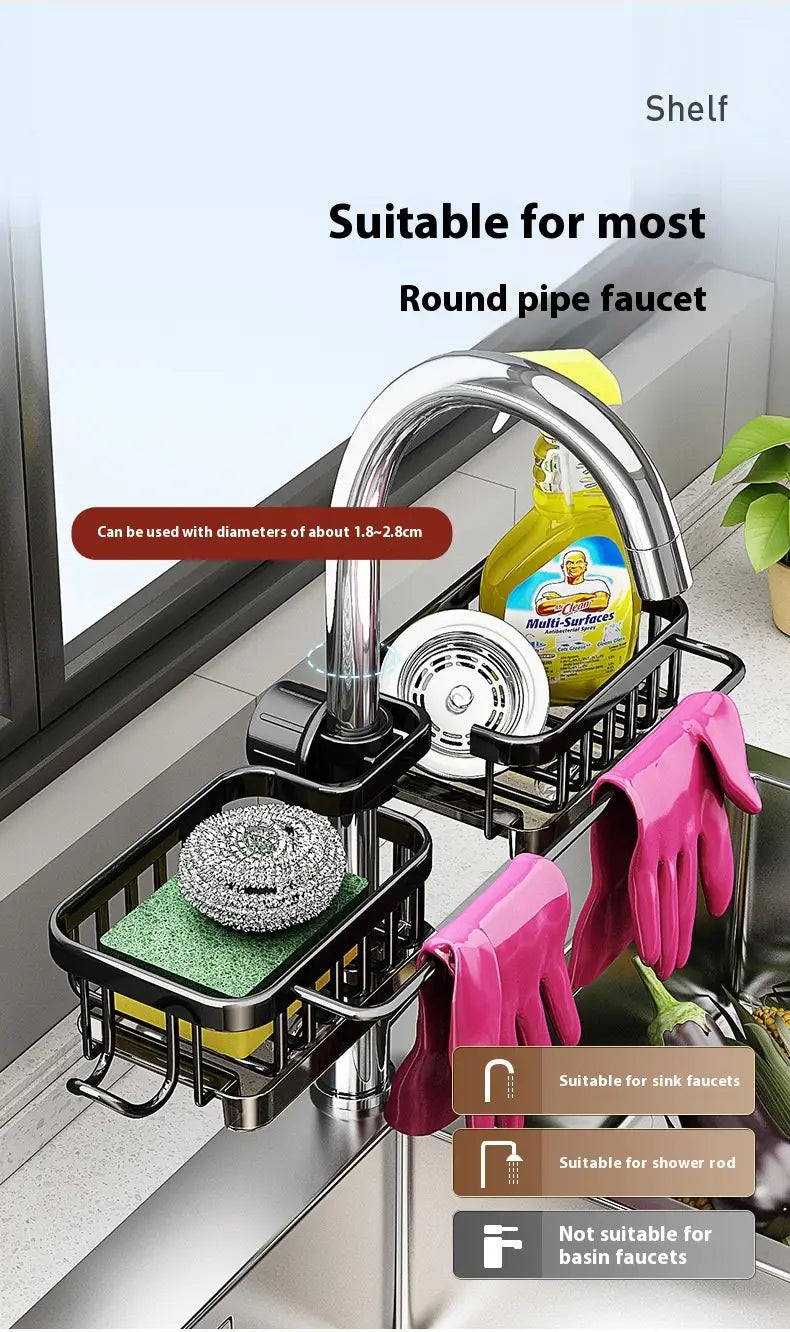 Égouttoir de vaisselle noir en métal monté sur le robinet, fabriqué en aluminium, doté de plusieurs compartiments et de crochets pour organiser les produits de nettoyage et les gants à l’évier de cuisine.